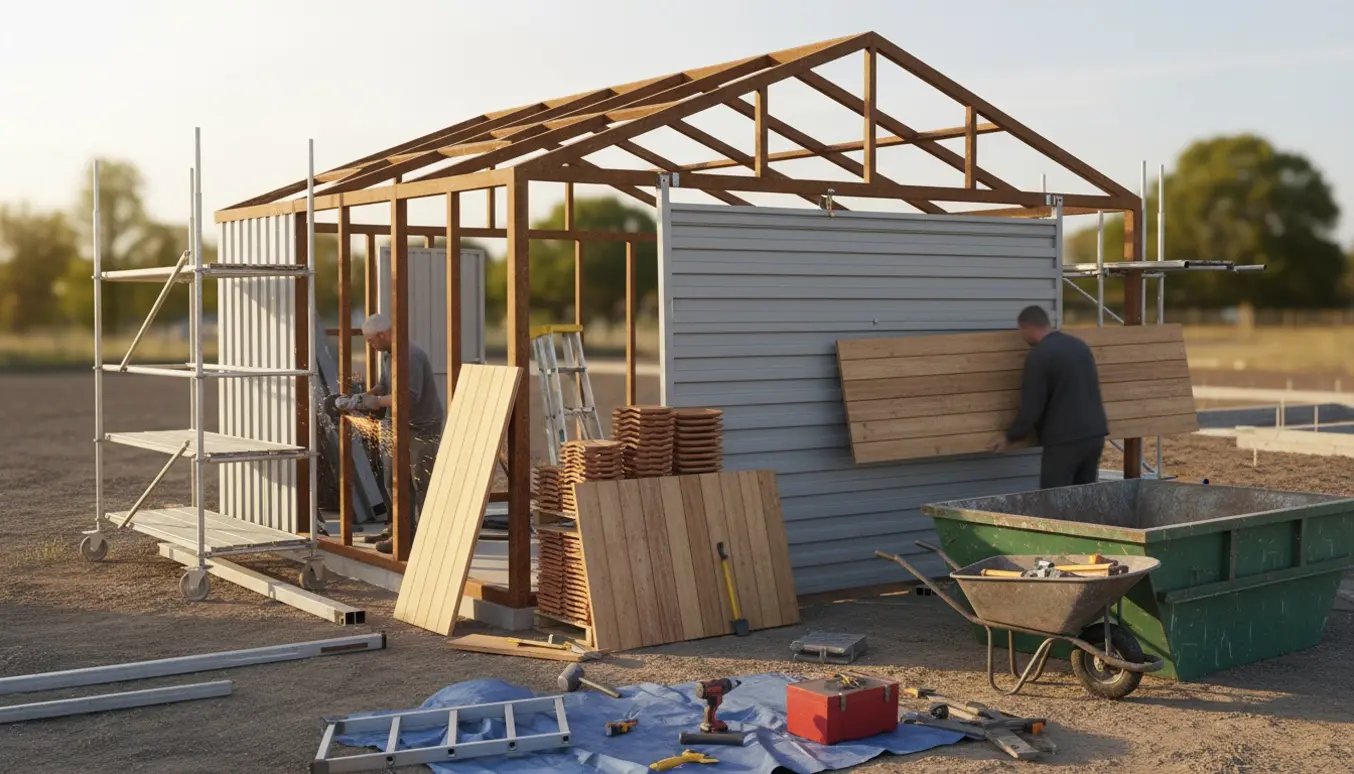 Delvist nedrevet stålgarage med afmonteret vippeport, stabler af fliser og beklædningsplader, værktøj og container på en byggegrund.