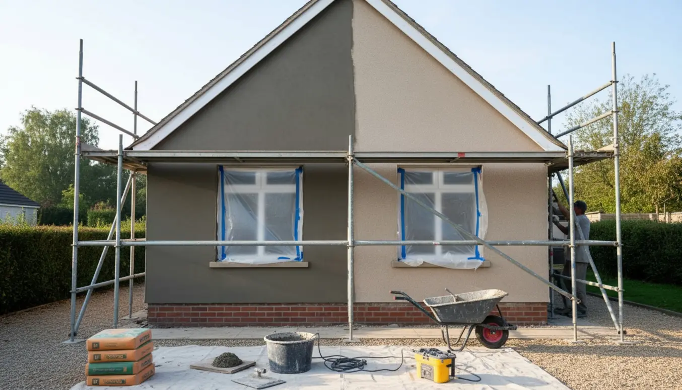 Husfacade med stillads, en håndværker pudser frisk cementpuds ved gavlen, værktøj og beskyttede vinduer synlige.