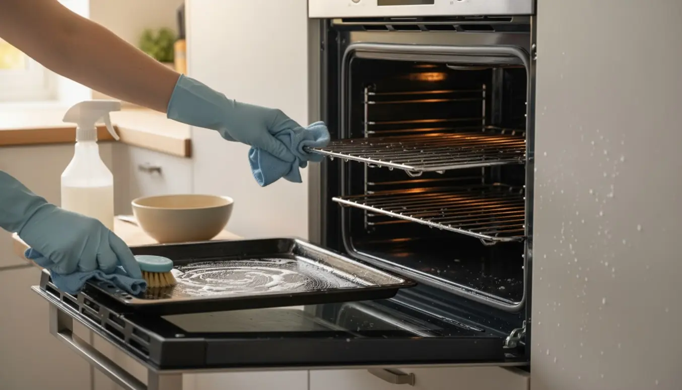 Handskeklædte hænder rengør en ovn og bageplader, der skinner som nye.
