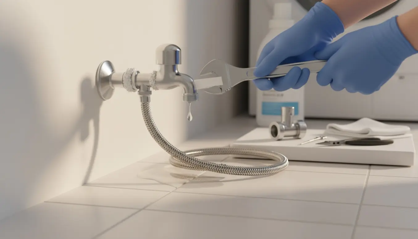 Nærbillede af en dryppende vaskemaskinevandhane med værktøj klar til reparation.