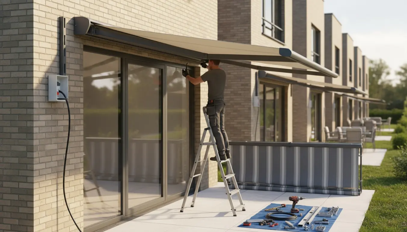 Montering af markiser over en række terrasser med værktøj, stige og kabeltræk, uden tydelige ansigter.