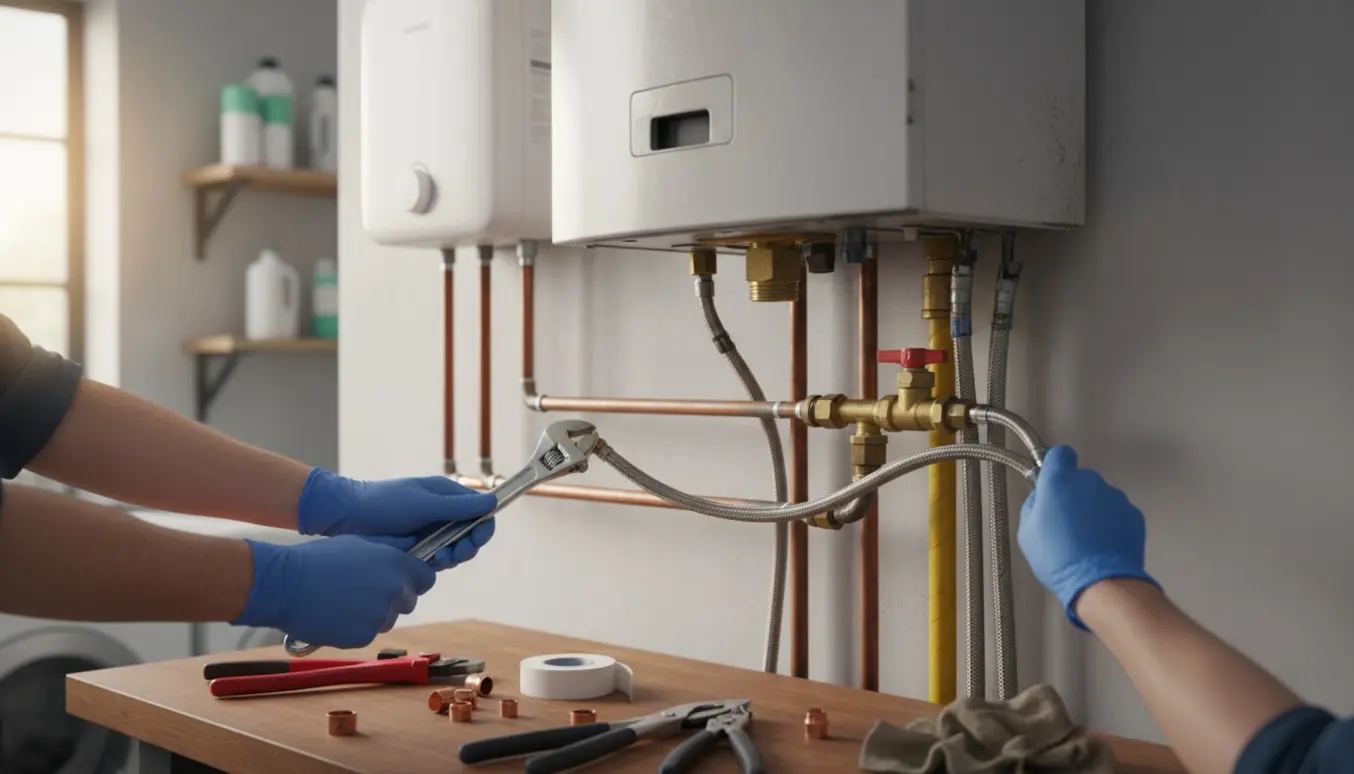 Nedtagning af gammelt gasfyr i bryggerset med blottede rør og hænder, der monterer en bypass.