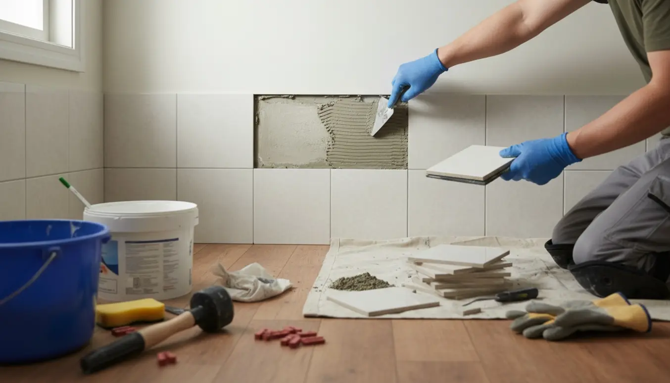 Håndværker udbedrer to rækker løse fliser ved et toilet med værktøj og genbrugte fliser lagt klar.