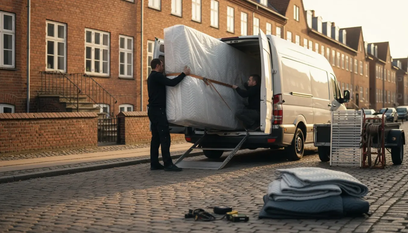 Et beskyttet madras lastes ind i en varebil på en stille dansk villavej med flyttetæpper og stropper.
