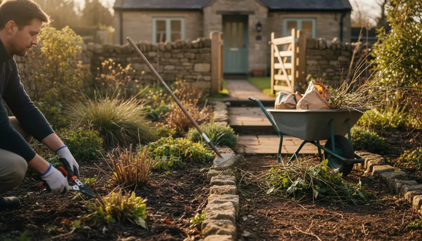Have uden græs med bede, handsker og beskærersaks ved beskæring og en trillebør med afklip under efterårsrengøring.