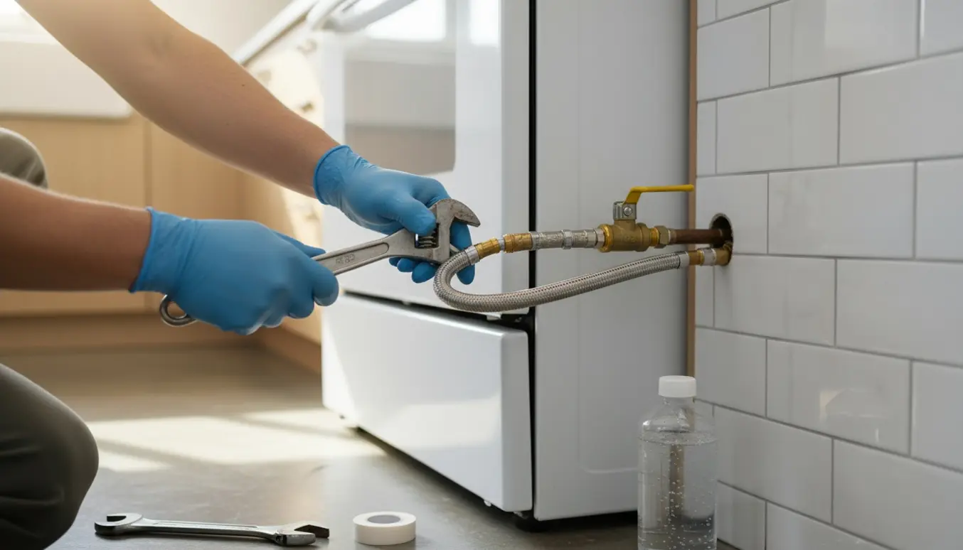 Tekniker tilslutter nyt gaskomfur til eksisterende gasledning i et lyst køkken.