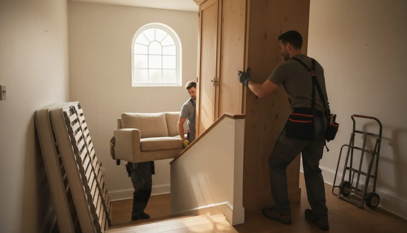 Flyttefolk manøvrerer et stort, uindpakket klædeskab ned ad en smal indendørs trappe mens en sofa bæres op.