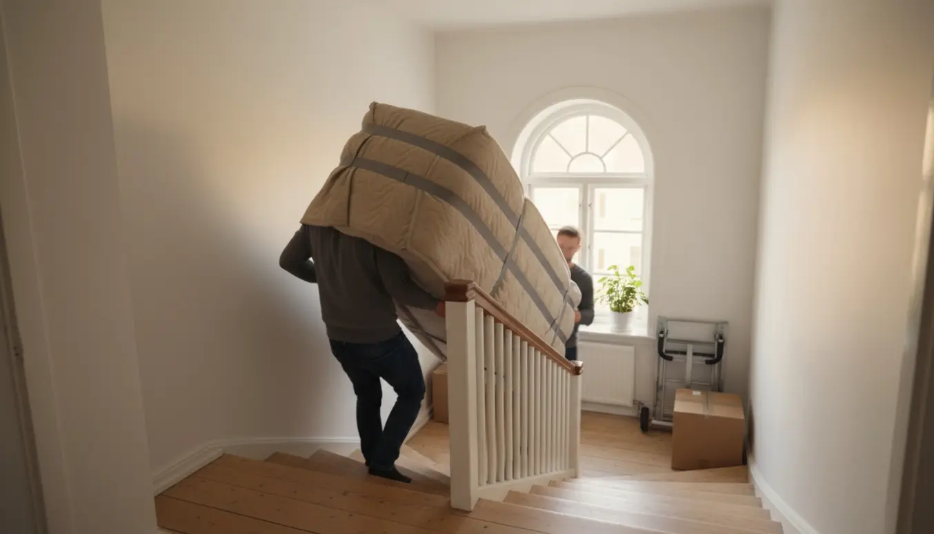To personer bærer en stor madras op ad en trappe i en lys lejlighed, ansigter ude af fokus.