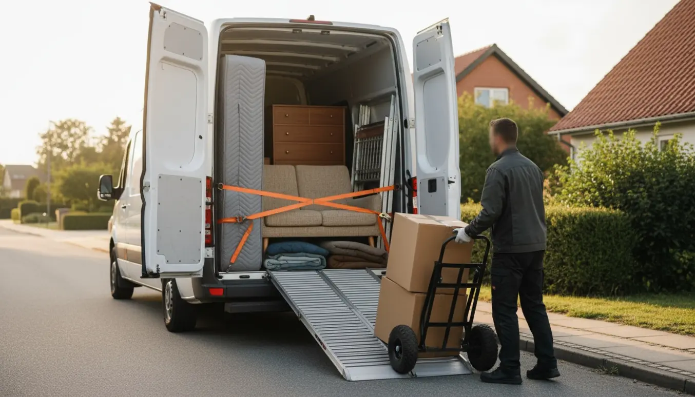 Flyttebil med åben bagdør viser seng, sofa, stålreol, kommode og flyttekasser ved en dansk villavej.