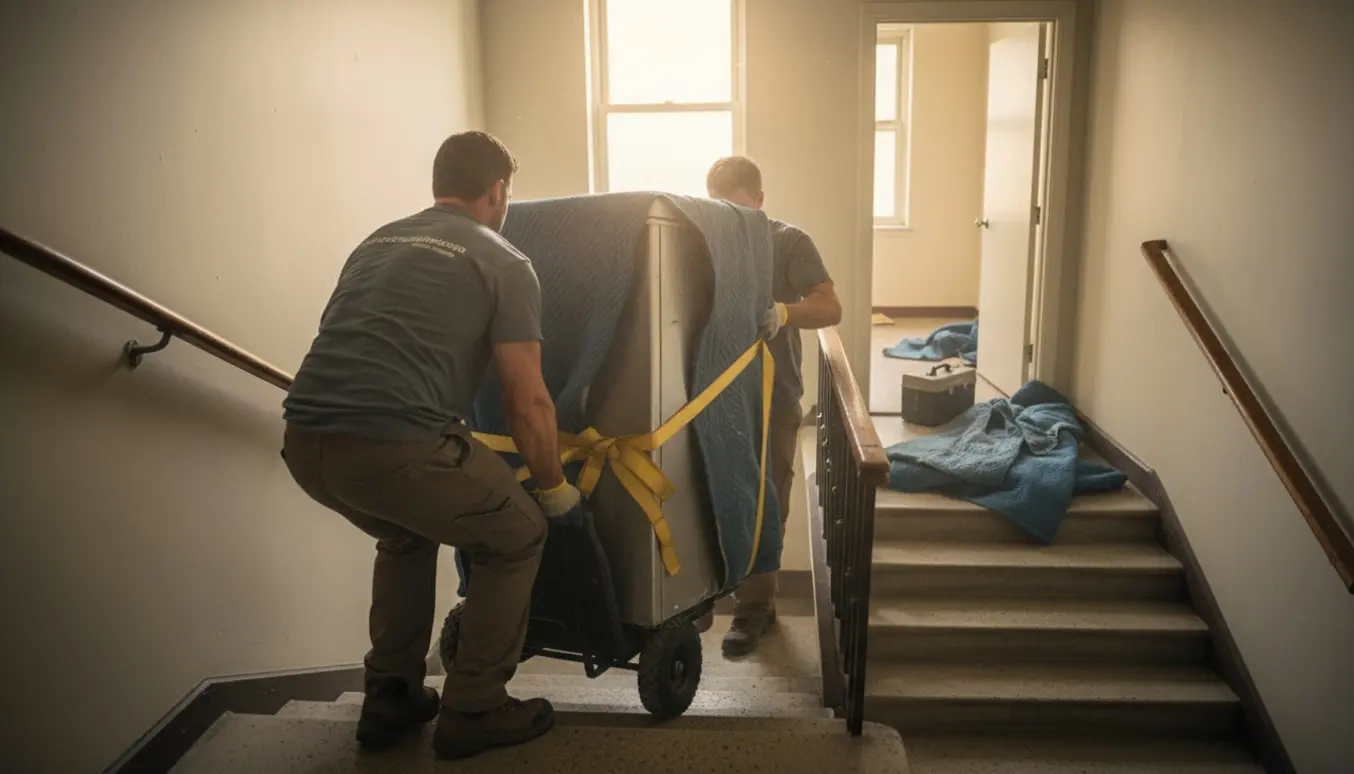 To flyttemænd bærer et indpakket fryseskab op ad en trappe mod en lejlighed på en øvre etage.