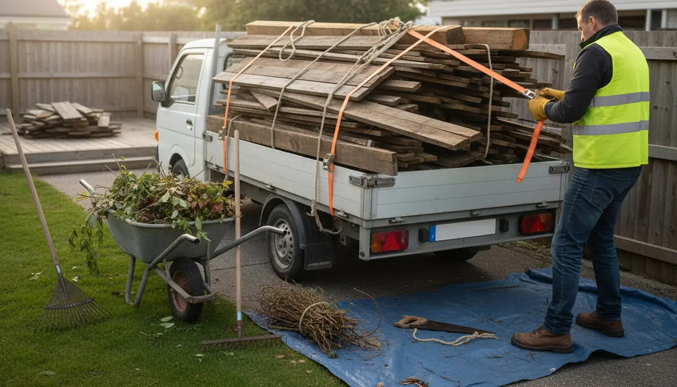 Langt tømmer og gamle terrassebrædder læsses på trailer ved indkørsel med haveaffald i en trillebør.