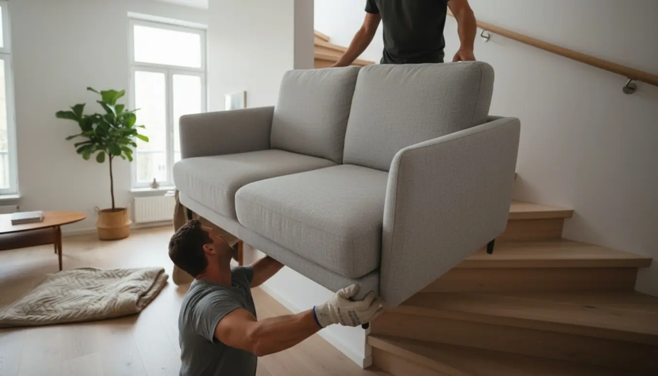 To personer bærer en let, kompakt sofa op ad en lys trappe i en skandinavisk lejlighed.