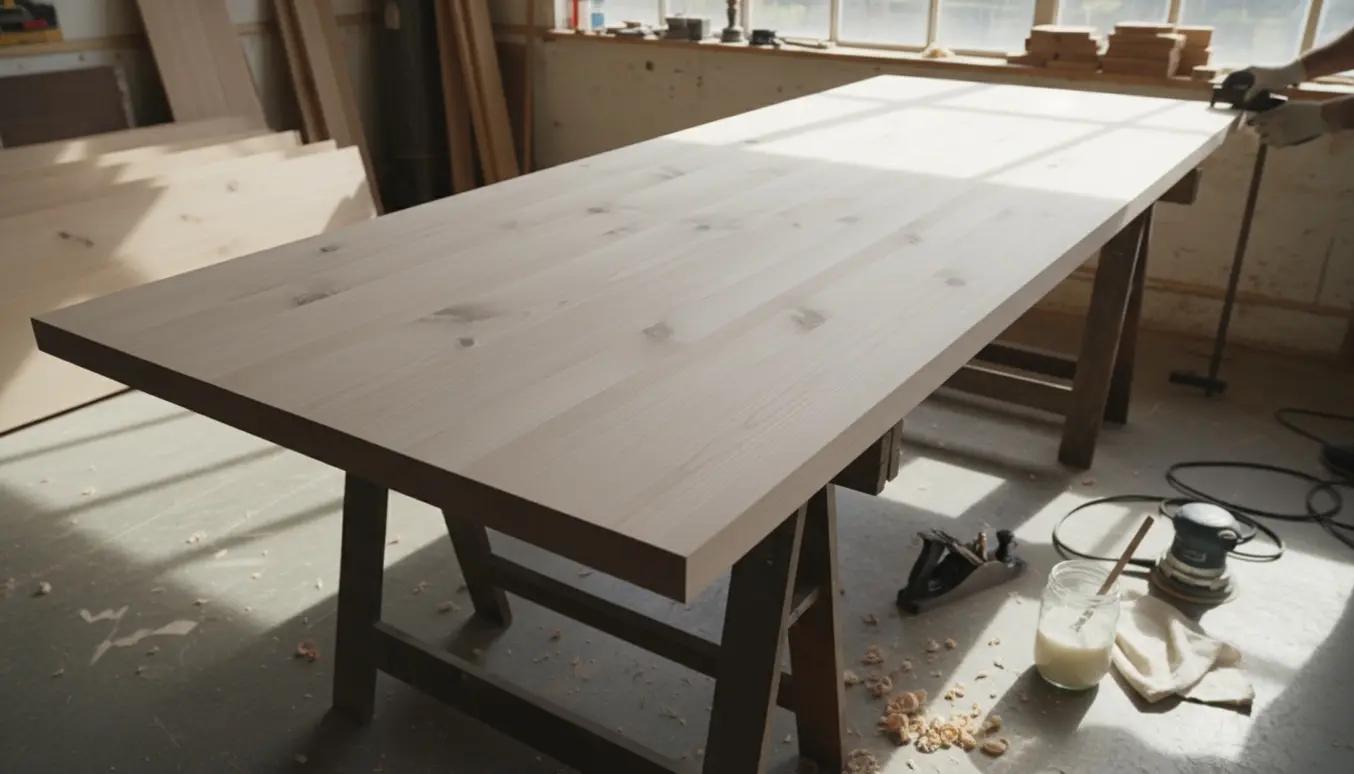 Ludbehandlet bordplade i massiv Douglasgran 90x220 cm med lige kanter på savebukke i et lyst snedkerværksted.