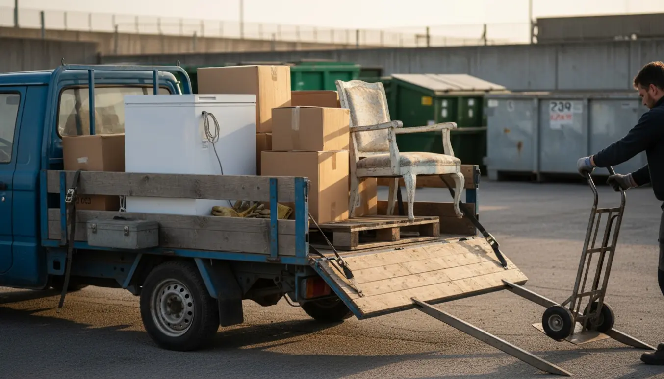 Lastning af storskrald på trailer ved genbrugsplads med palle, kasser, gammel stol og en hel kummefryser.