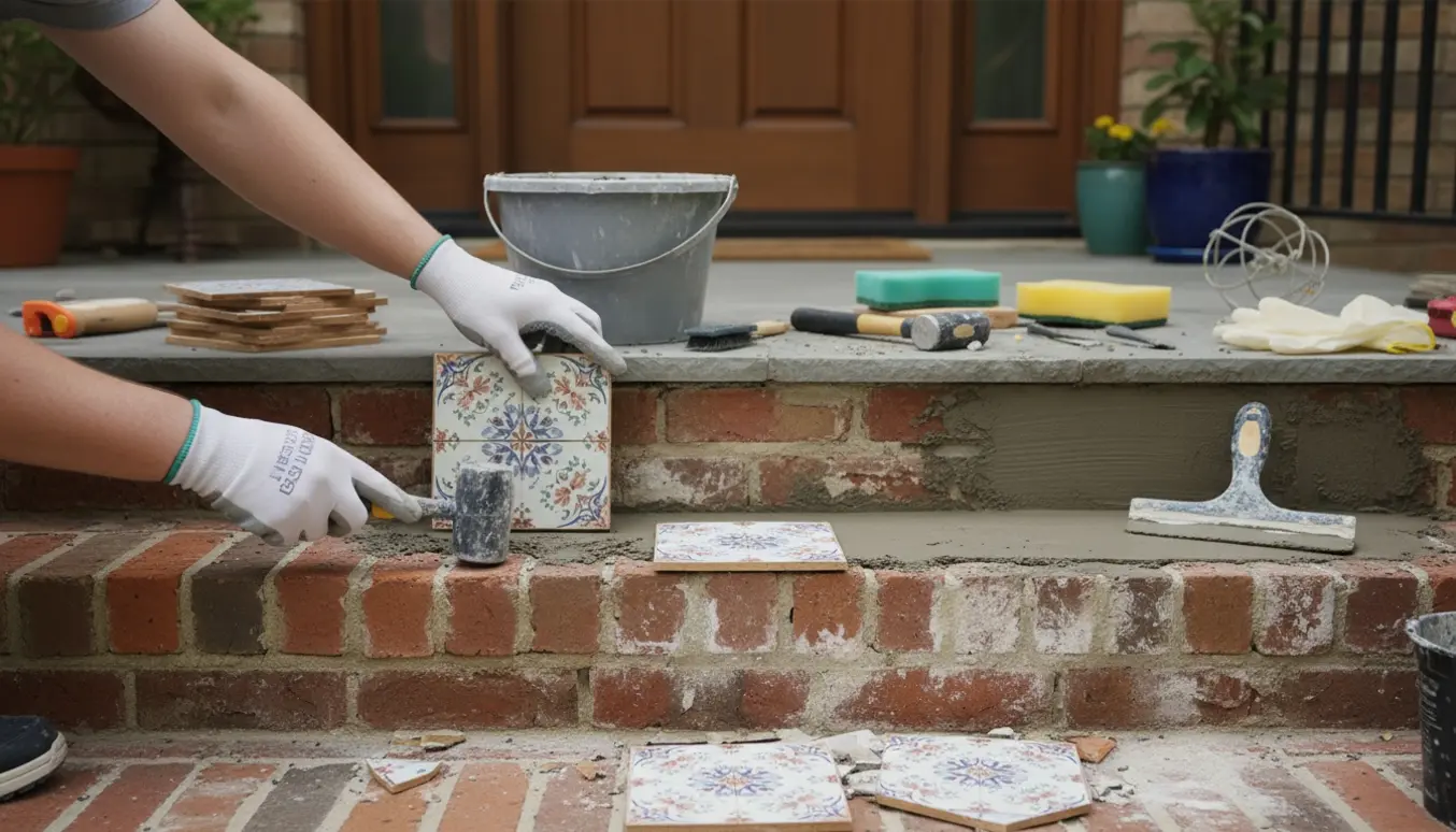 Nærbillede af reparation af muret indgangstrappe med hænder, der lægger fliser og pudser trappens sider.