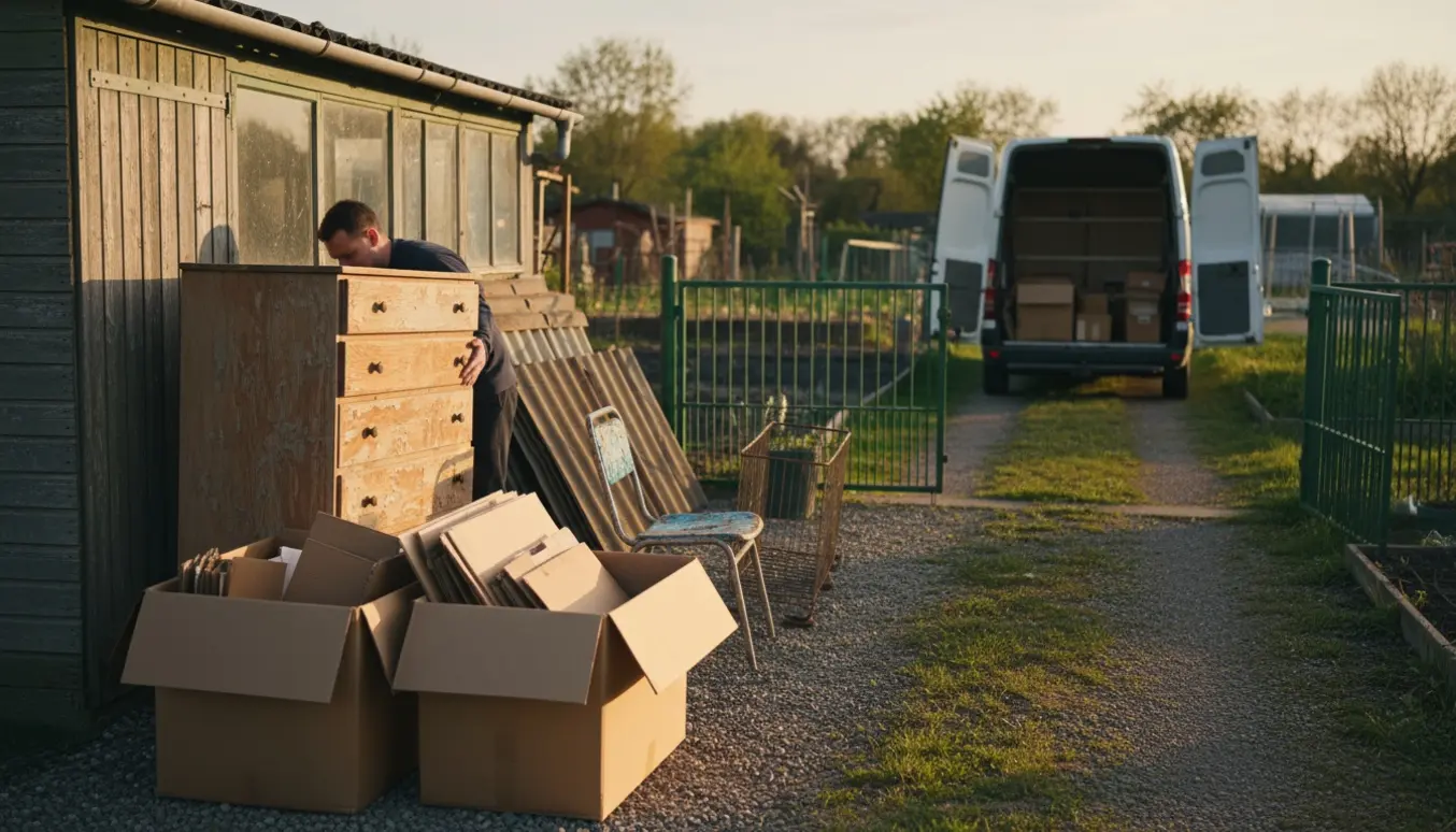 Blandet affald og gamle møbler stablet ved indgangen til en kolonihave klar til afhentning.