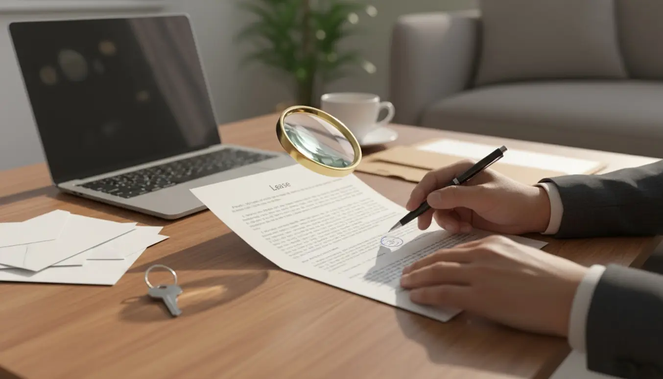 Nærbillede af hænder, der gennemgår en lejekontrakt med lup, nøgler og laptop på et lyst træbord.