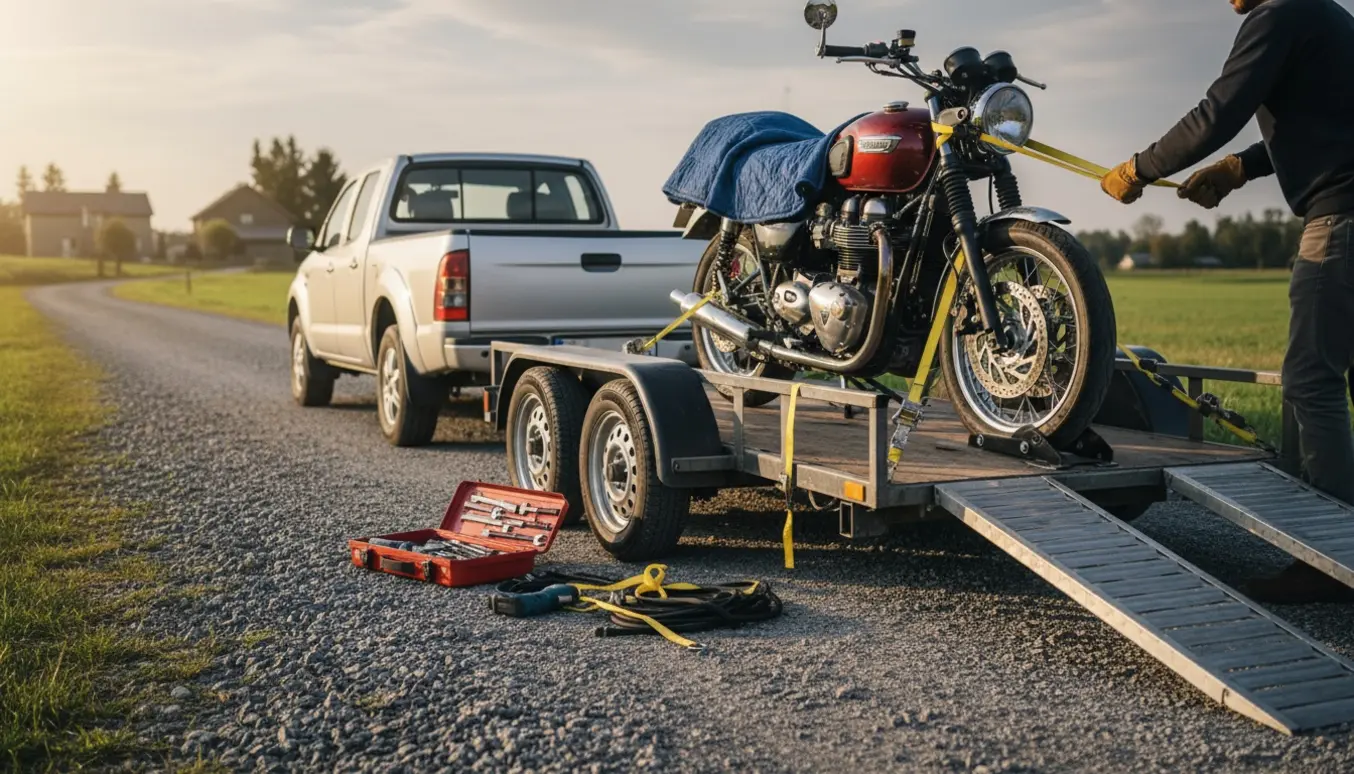 Motorcykel delvist læsset på trailer ved landevej, fastgjort med surringsstropper og læsserampe.