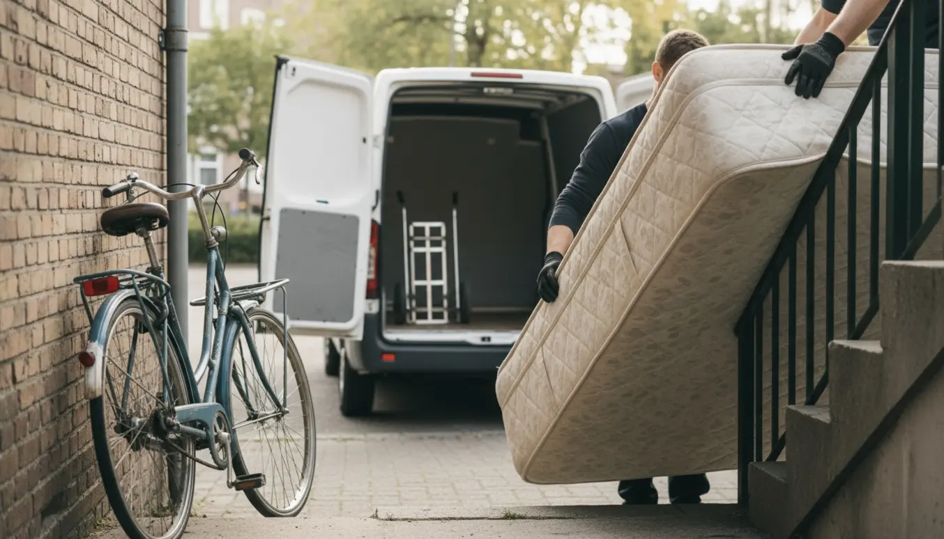 Kontinentalseng og en ældre damescykel bæres ned ad opgang mod en varevogn klar til storskrald.