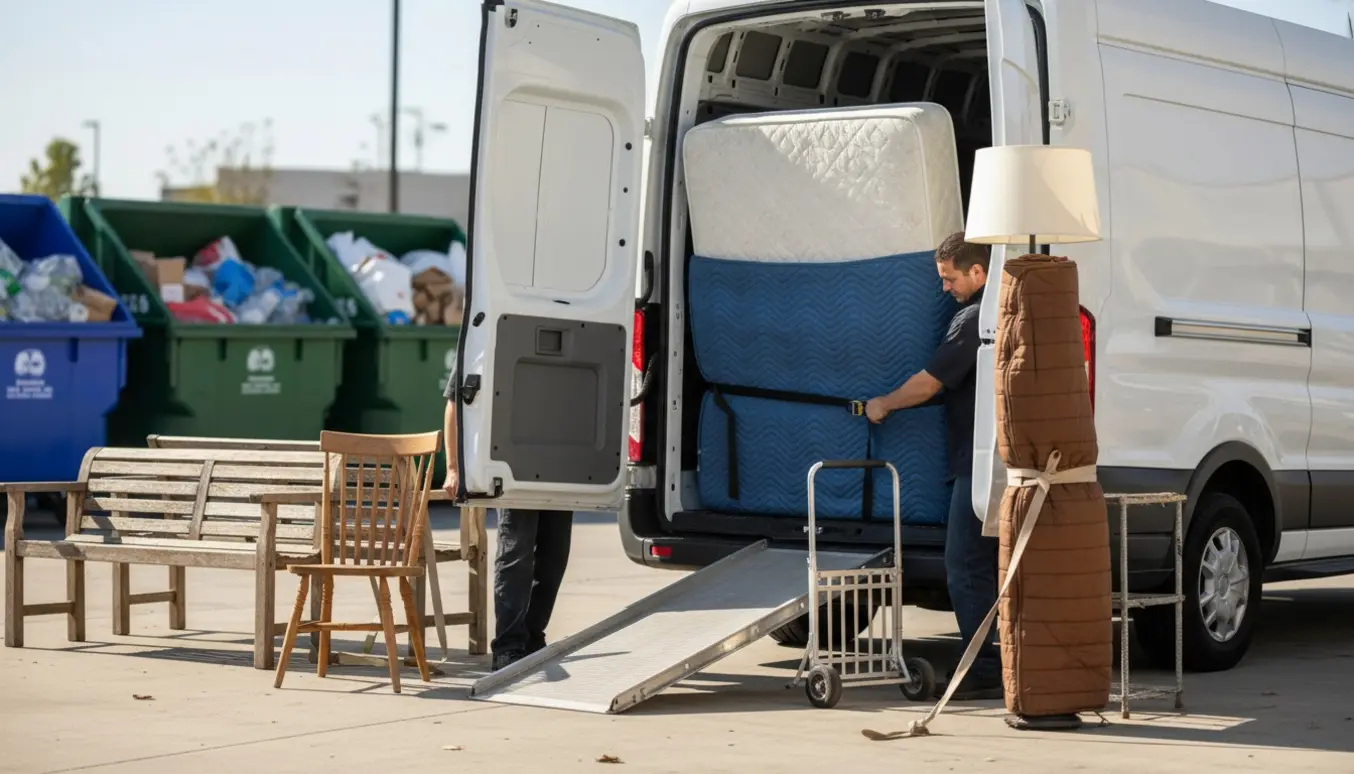 Varevogn læsses med en stor madras, lampe, bænke og reol ved en genbrugsplads, personer set bagfra uden tydelige ansigter.