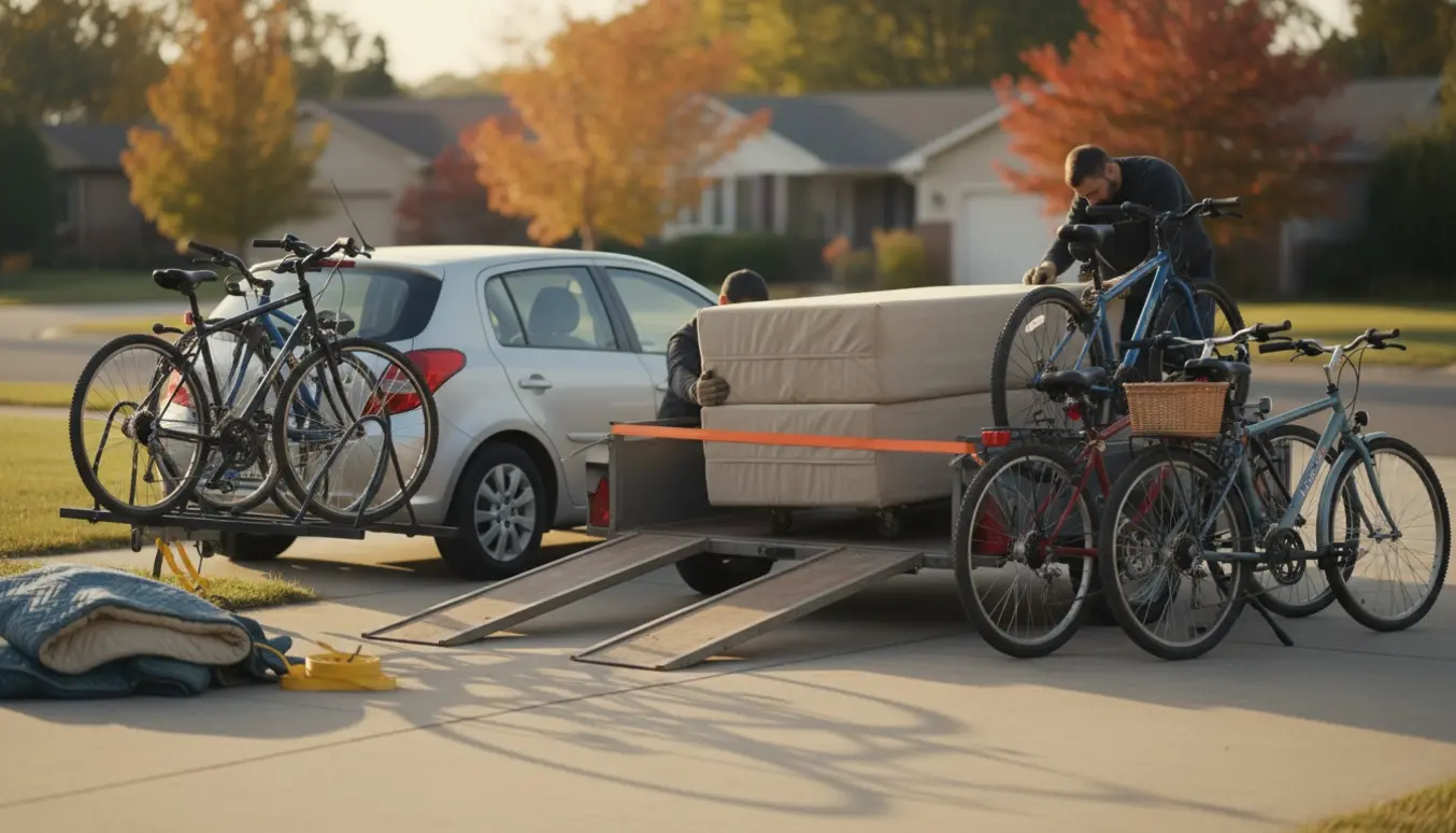 En trailer ved en indkørsel med to indpakkede boxmadrasser og seks cykler klar til flytning.