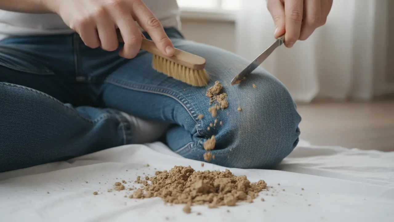 Nærbillede af at skrabe tørret mudder af et par jeans med en børste og smørkniv