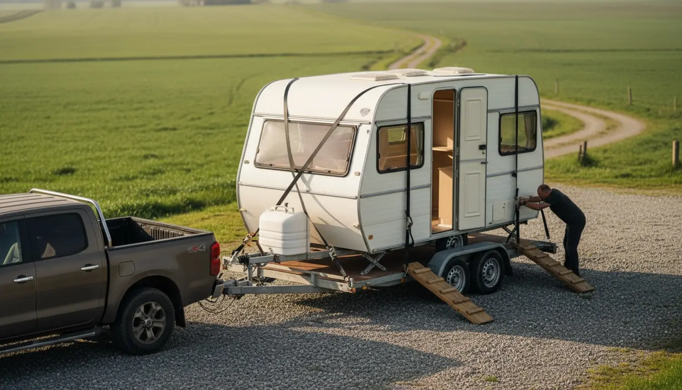En lille tømt campingvogn på en autotrailer på en gårdsplads, klar til afhentning.