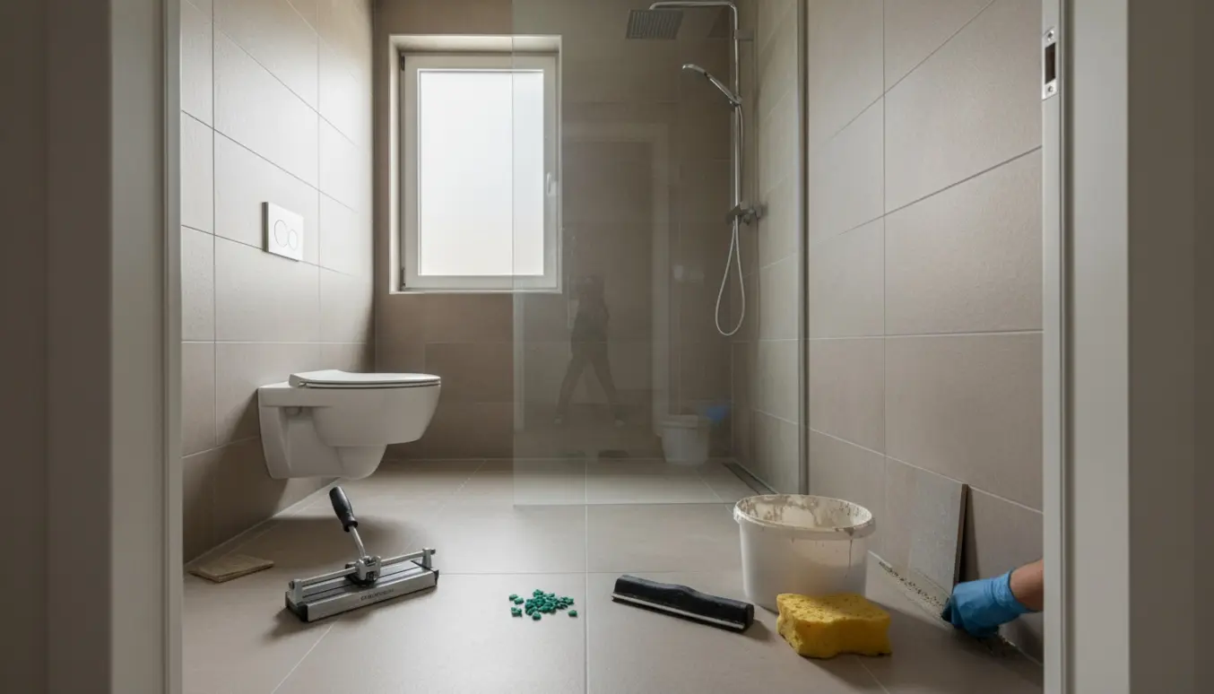 Lille nyrenoveret badeværelse med nye væg- og gulvfliser, væghængt toilet og glasbrusevæg, værktøj og fugearbejde i forgrunden.