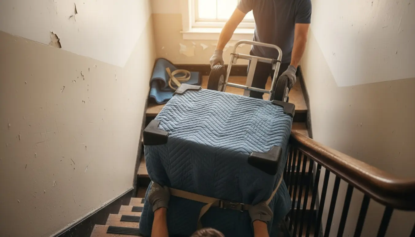 Vaskemaskine bæres forsigtigt ned ad en trappe mod kælderen, beskyttet af flyttetæpper og stropper.