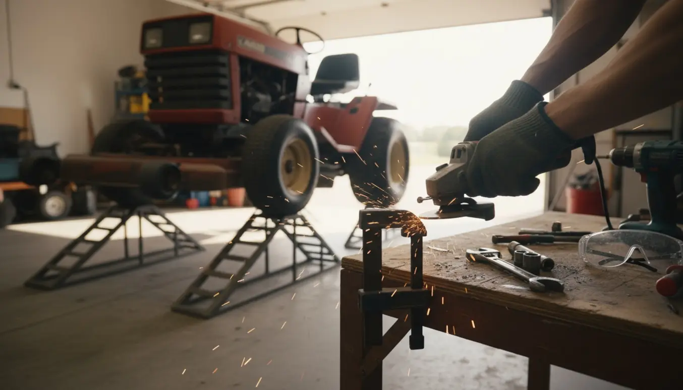 En handskeinddækket hånd sliber en afmonteret havetraktorklinge på et arbejdsbord med den løftede havetraktor i baggrunden.