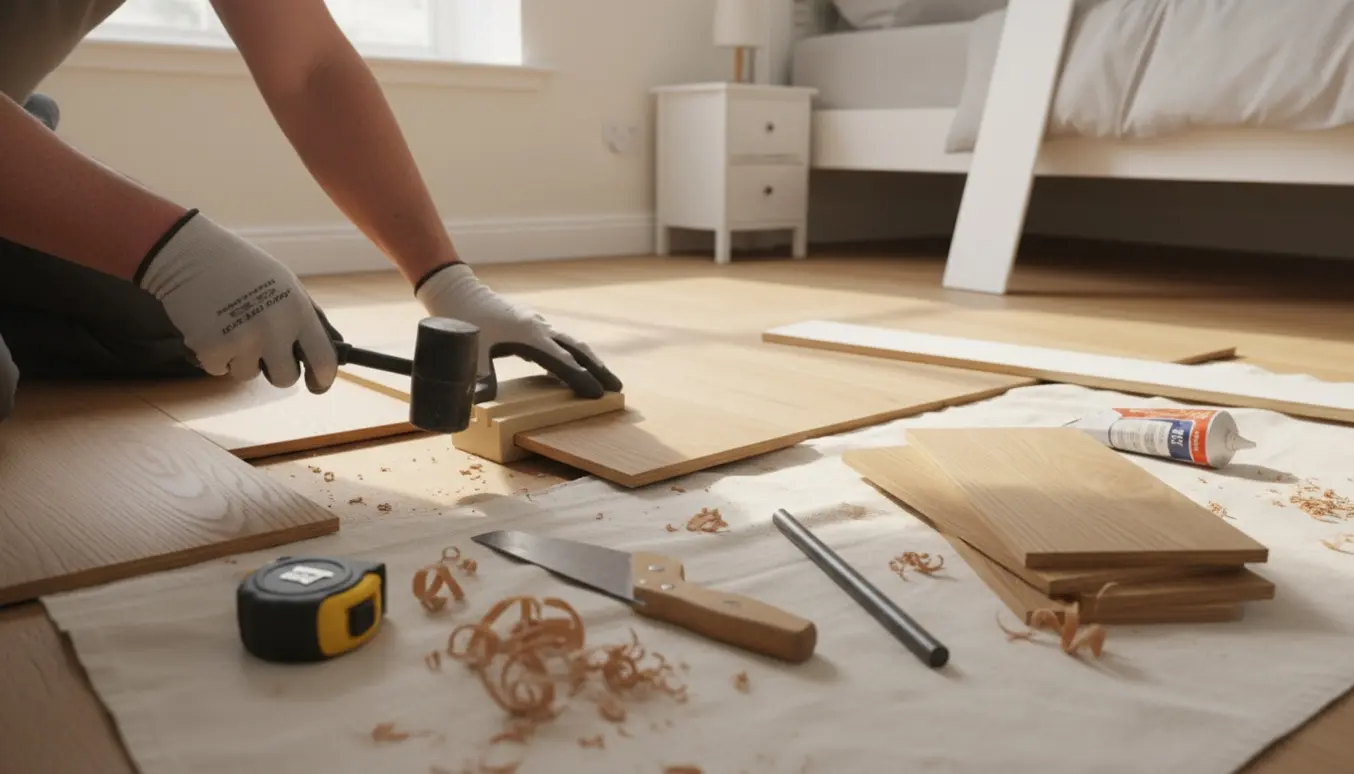 Hænder monterer et nyt gulvbræt i et soveværelse med manglende fodliste og værktøj ved siden af.