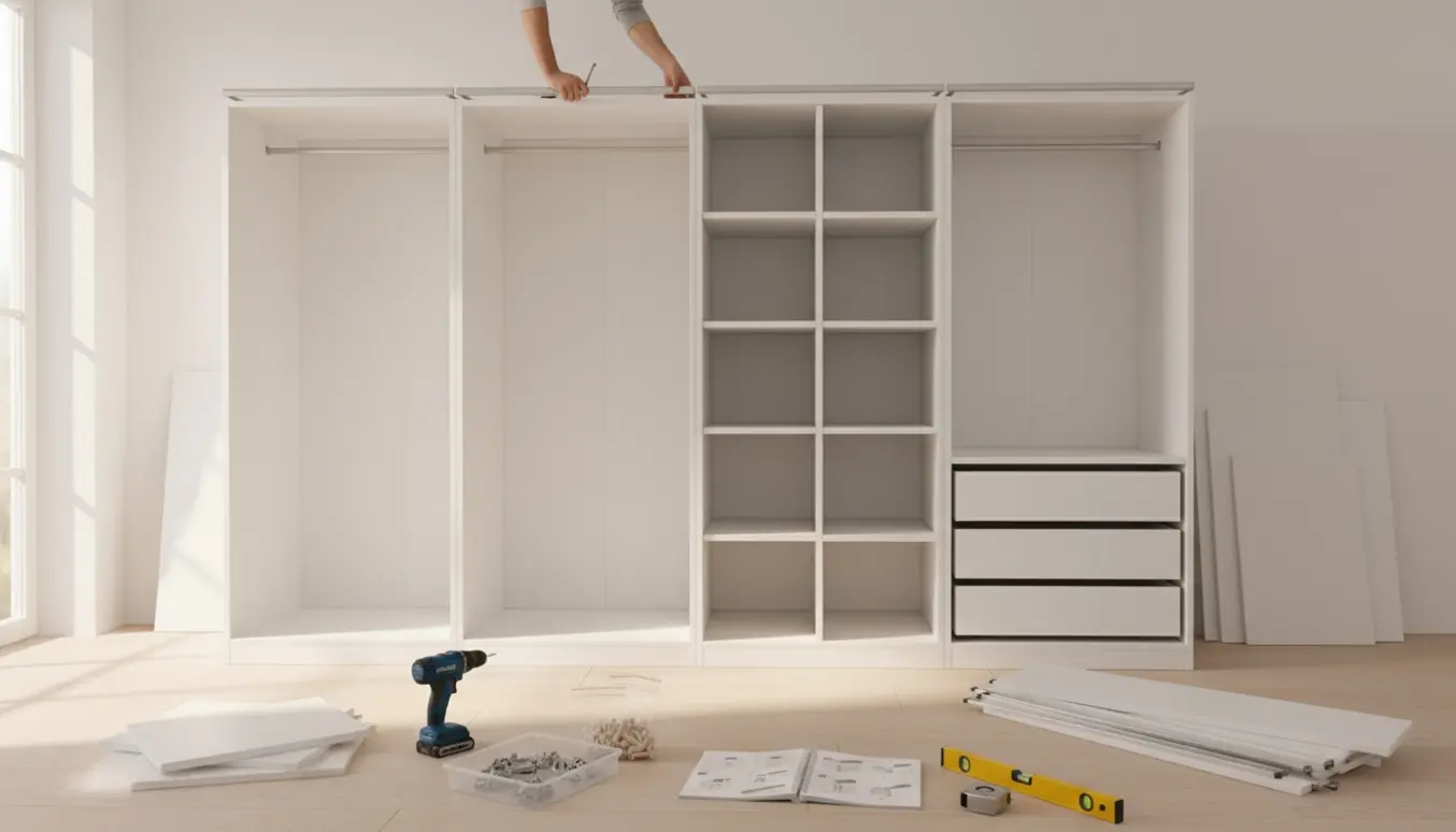 Samling af et hvidt PAX-garderobeskab i et lyst tomt værelse med værktøj og løse paneler.