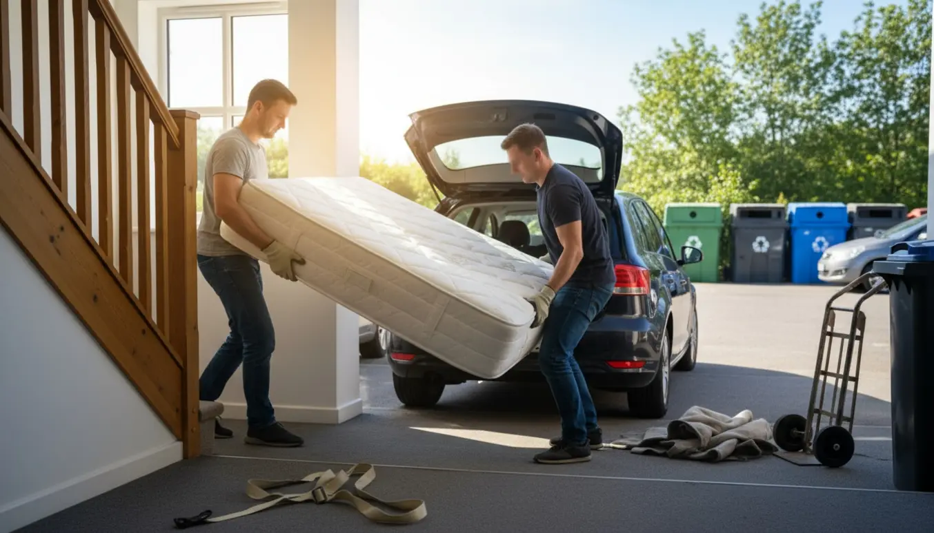 To personer bærer en dobbeltsengsmadras ned ad en trappe mod en åben varebil med genbrugsplads i baggrunden.