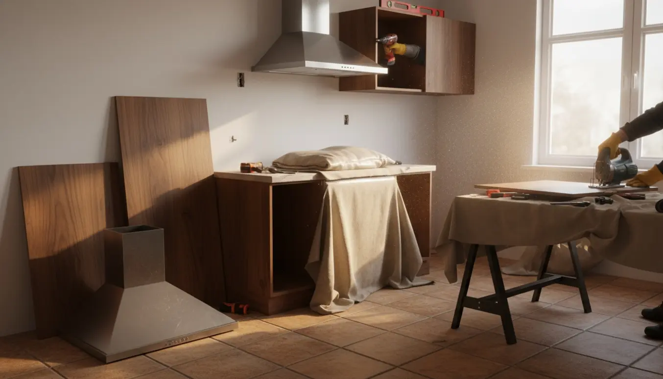 Køkkeninstallatør monterer ny emhætte og tilpasser overskab til skrå væg, værktøj og materialer i fokus.
