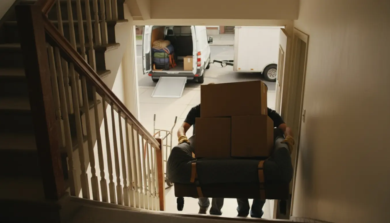 To flyttefolk bærer møbler og flyttekasser ned ad en trappe mod en varevogn med trailer, ansigter ikke synlige.