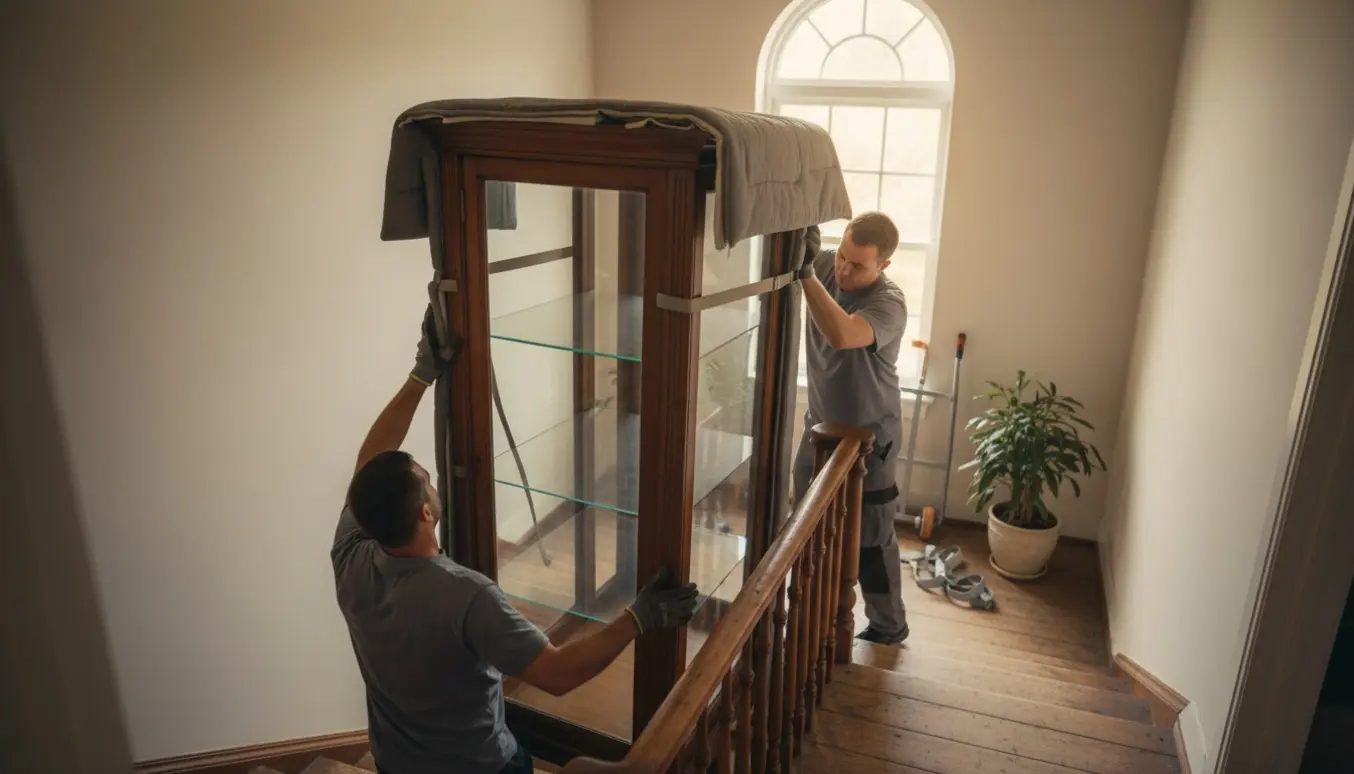 To flyttefolk bærer en stor glasvitrine op ad en trappe til anden sal.