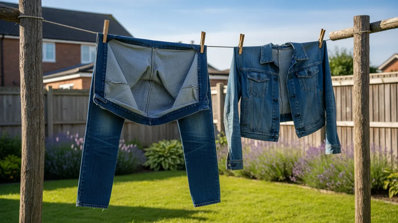 Jeans og denimjakke hænger vrangen ud på tørresnor i blødt morgenlys