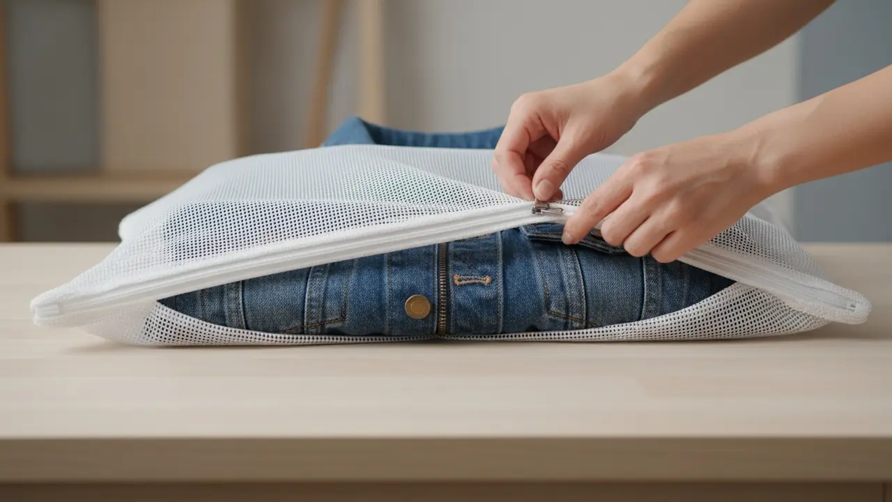 Denimjakke i vaskenet med synlige knapper og lynlås klar til skånevask