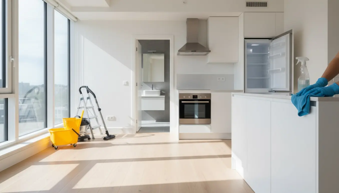 En rengøringsperson i handsker tørrer køkkenskabe i en lys, tom lejlighed med åben ovn og rengjort køleskab.