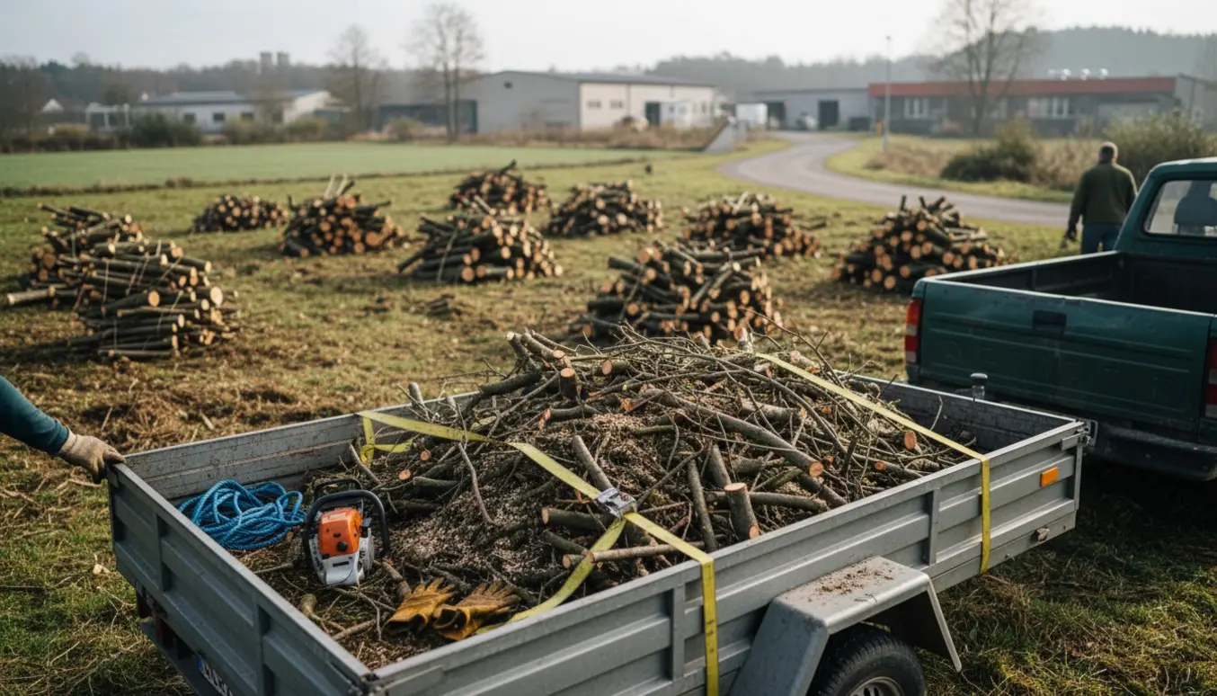Åben trailer fyldt med afskårne grene og en motorsav ved et nys ryddet område, klar til kørsel til genbrugsforbrænding.