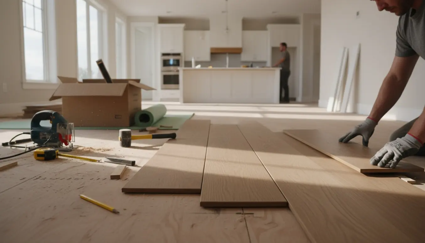 Delvist lagt egetræsplankegulv i åben stue og køkken med værktøj og hænder i arbejde.