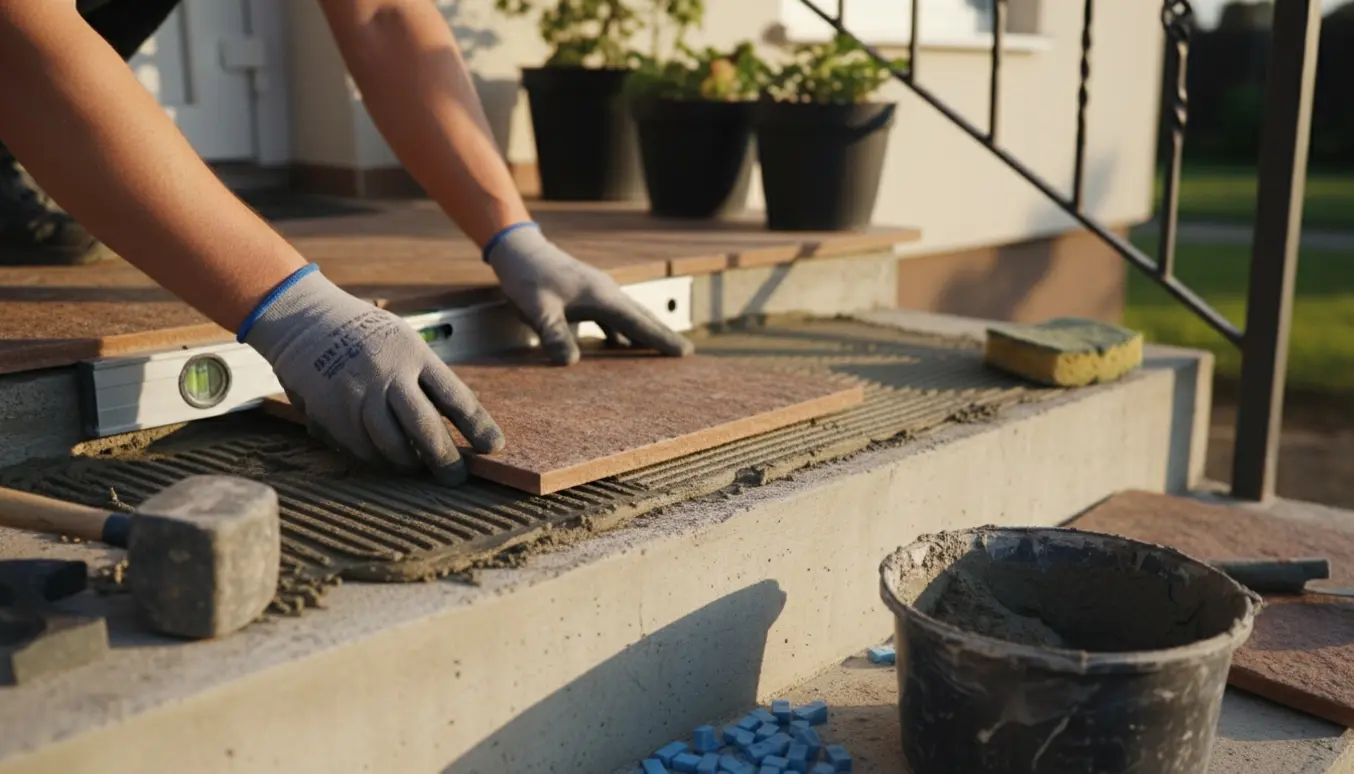 Hænder lægger klinker på en udendørs trappe med murske, niveau og gummihammer.