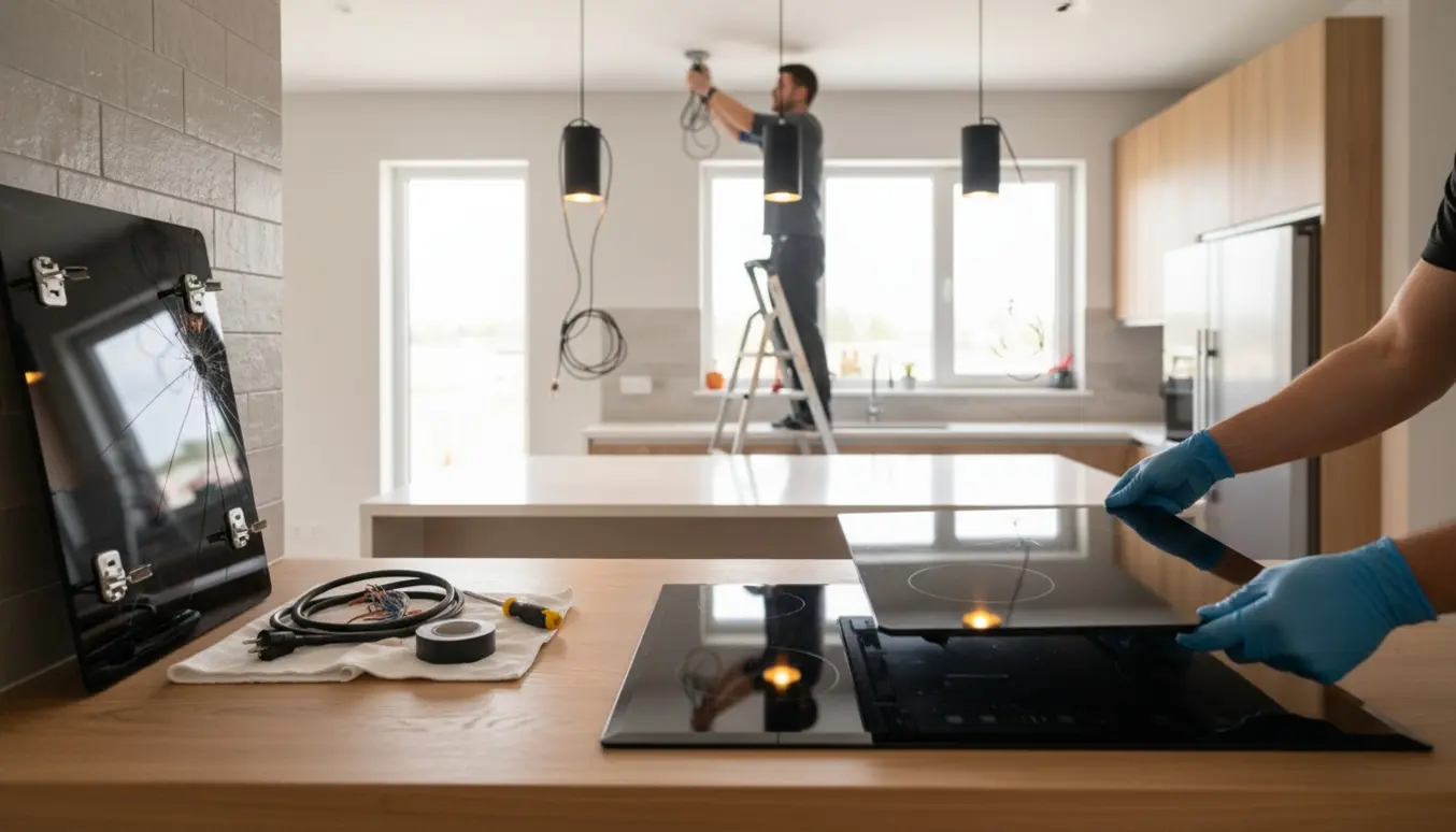 Hænder monterer en ny induktionskogeplade i et moderne køkken, mens fem pendellamper hænges op over køkkenøen.