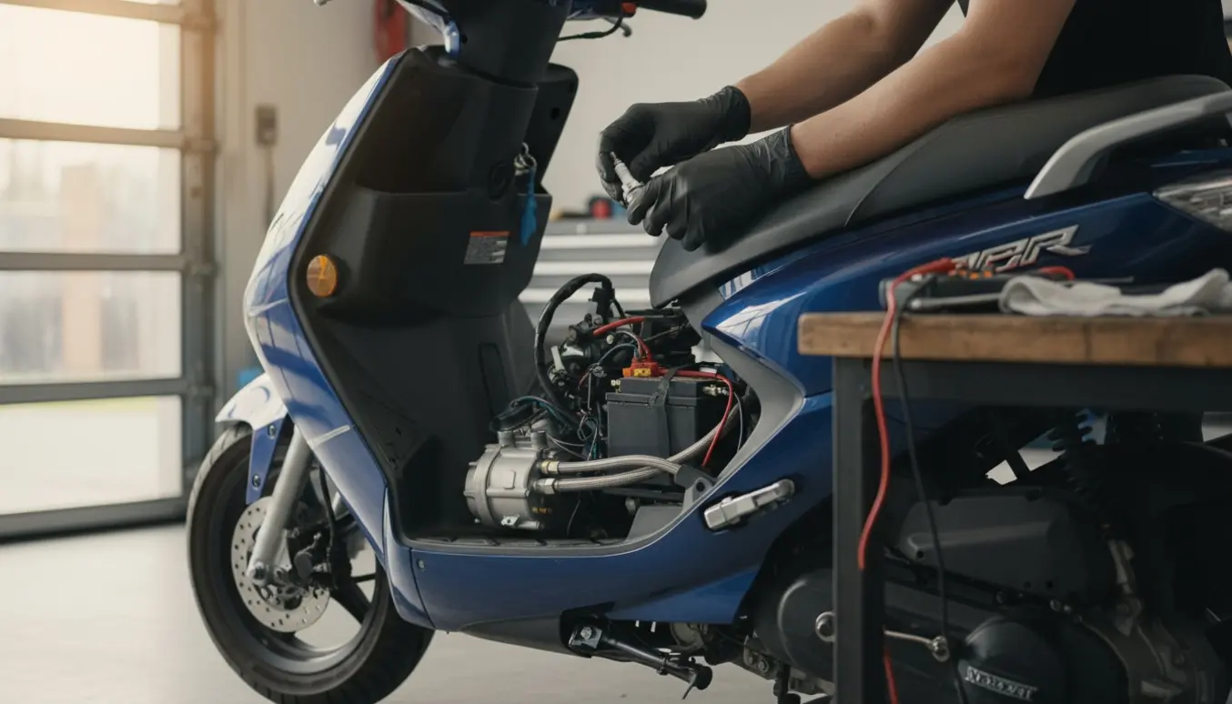 Nærbillede af en scooter med åben motor, hvor gloved hænder arbejder med et nyt tændrør og et nyinstalleret batteri.