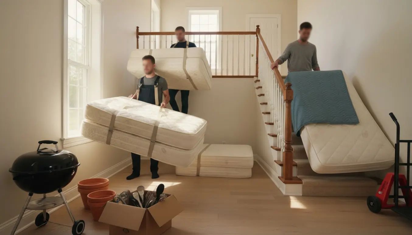 Flere personer bærer seks enkeltspringmadrasser, en lille kuglegrill og potter ned ad en trappe i et lyst hjem efter flytning.