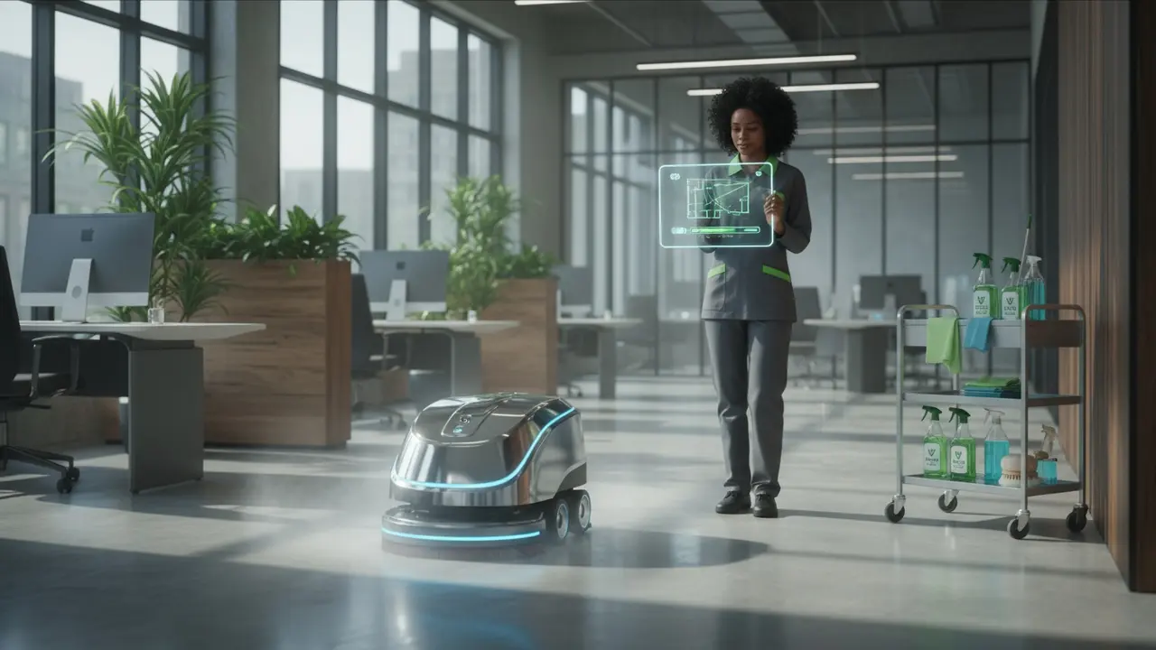Rengøringsrobot i funktion i kontorlandskab, rengøringsmedarbejder overvåger via tablet.