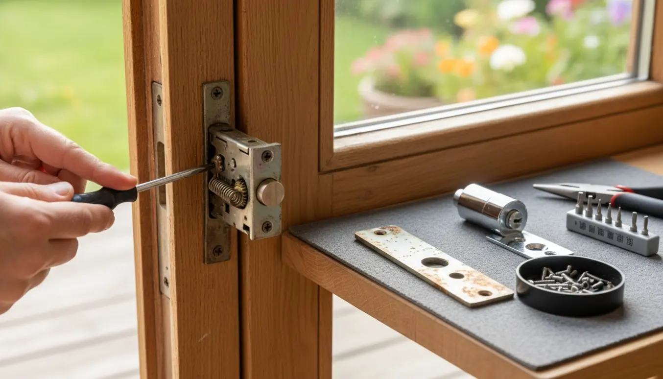 Nærbillede af hænder, der skruer ved en delvis adskilt terrassedørlås med nyt låsehardware og værktøj lagt klar.