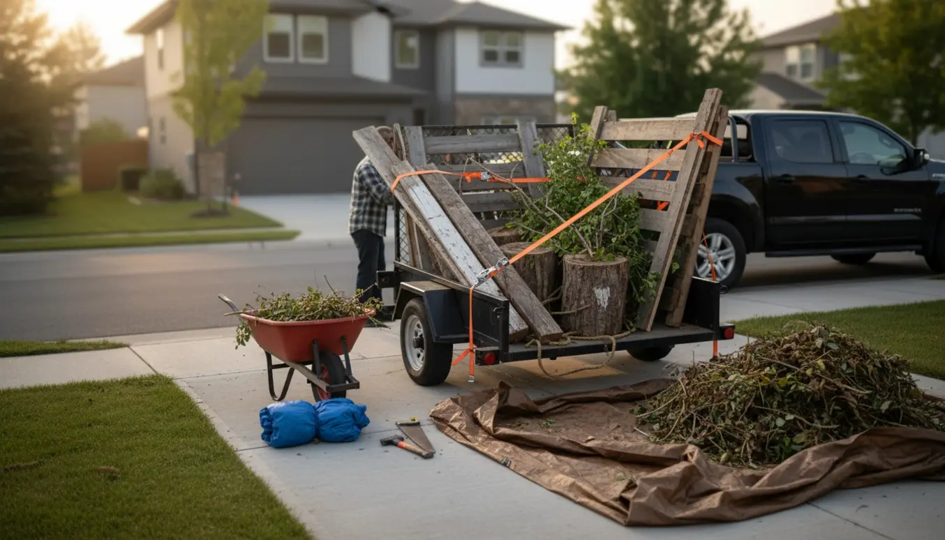 Trailer læsset med brædder, låger, træstubber og haveaffald ved fortovet, arbejdshænder sikrer læsset.