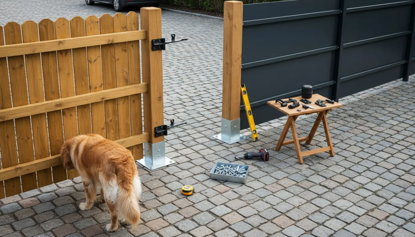 Delvist opsat 160 cm hegn på herregårdssten med både træ- og stålpaneler, værktøj og en hund set bagfra.