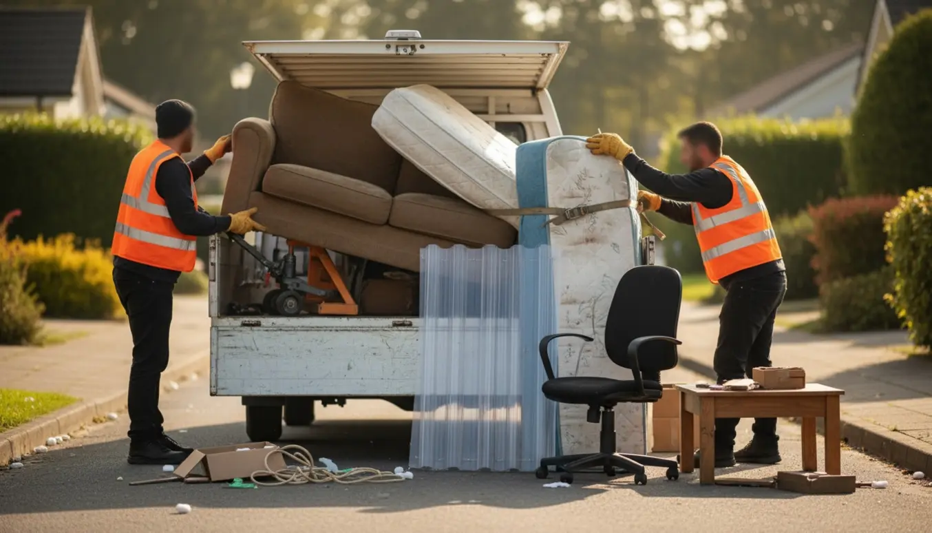 Storskrald som sofa, kontorstol og plasttag læsses på en åben varevogn i et boligområde, ansigter ikke synlige.